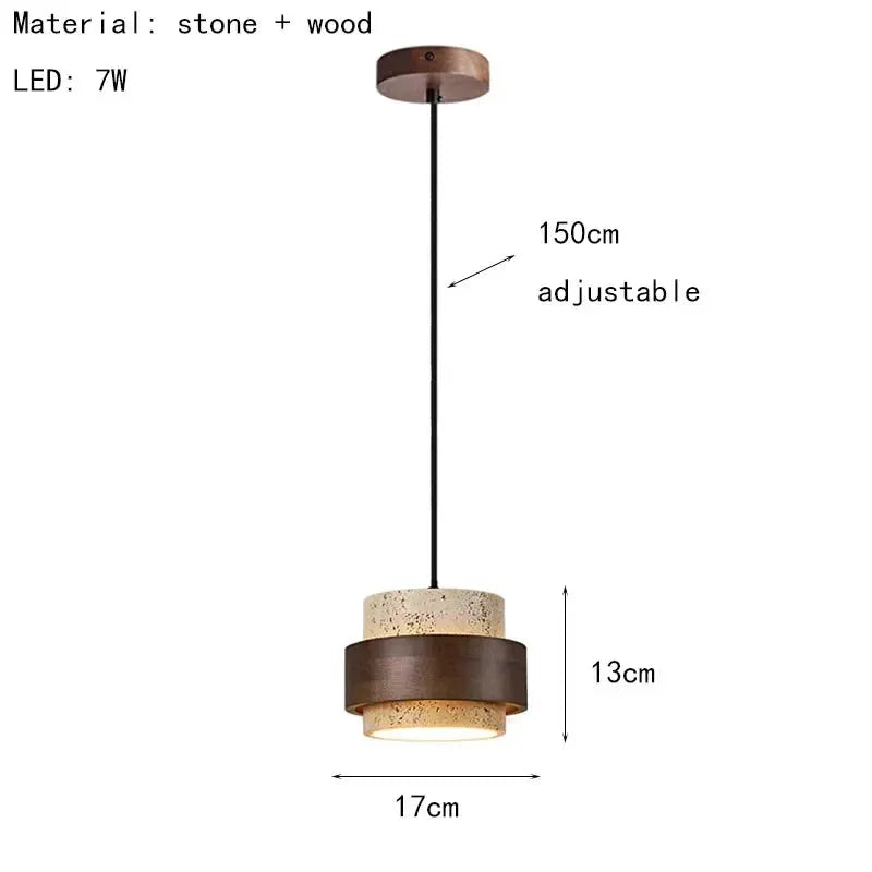 Japanese Wabi-Sabi bar pendant lamp by Simples Market, stone and wood finish, adjustable 150cm