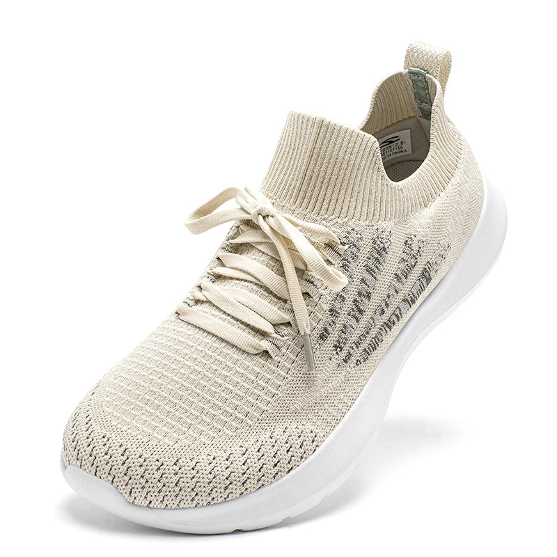 HOBIBEAR unisex running sneakers with cream knit mesh upper, sock-style collar and lace-up, white outsole.