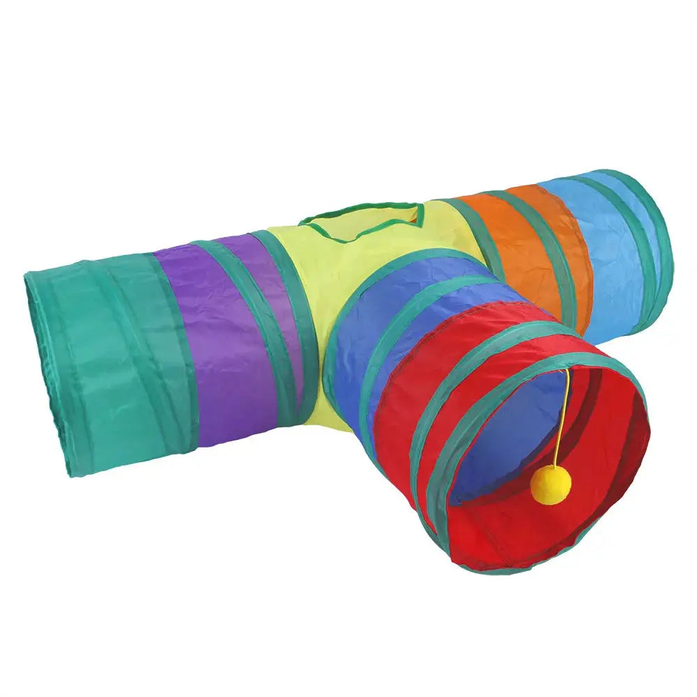 Rainbow foldable cat tunnel toy with multicolor sections, breathable fabric, and a dangling yellow ball for indoor play.