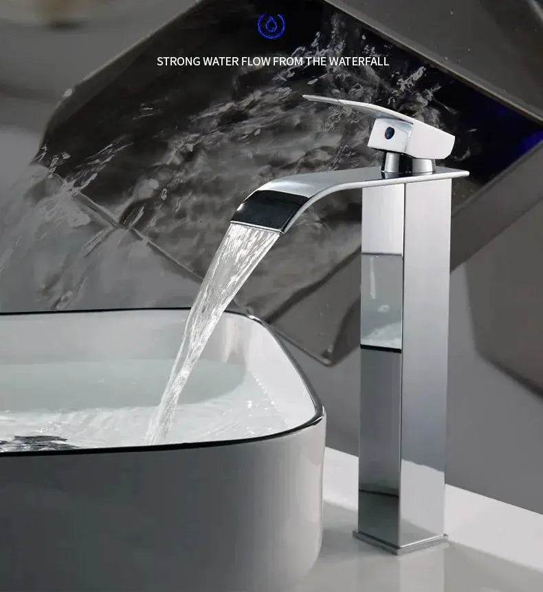 Waterfall wash basin faucet, stainless steel, bathroom fixture
