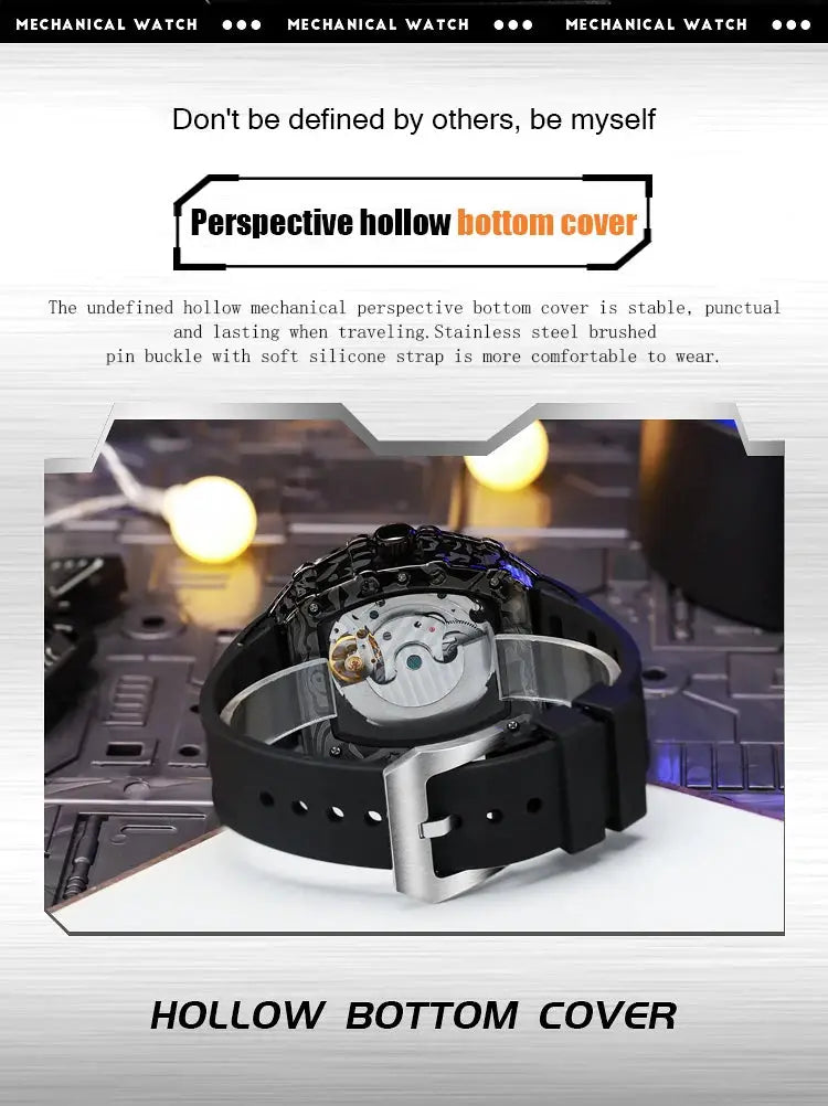 MUSANFIGO hollow automatic mechanical watch, barrel-shaped with black strap, transparent back, luminous and waterproof