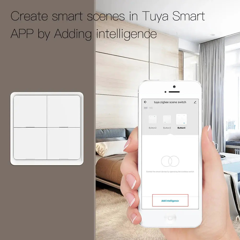 MOES 4‑gang ZigBee wireless push-button switch, battery powered, white; shown with Tuya app on smartphone.
