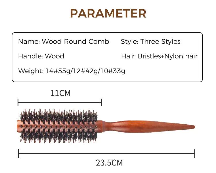 Wooden-handle round hair brush with boar bristles, 23.5 cm long