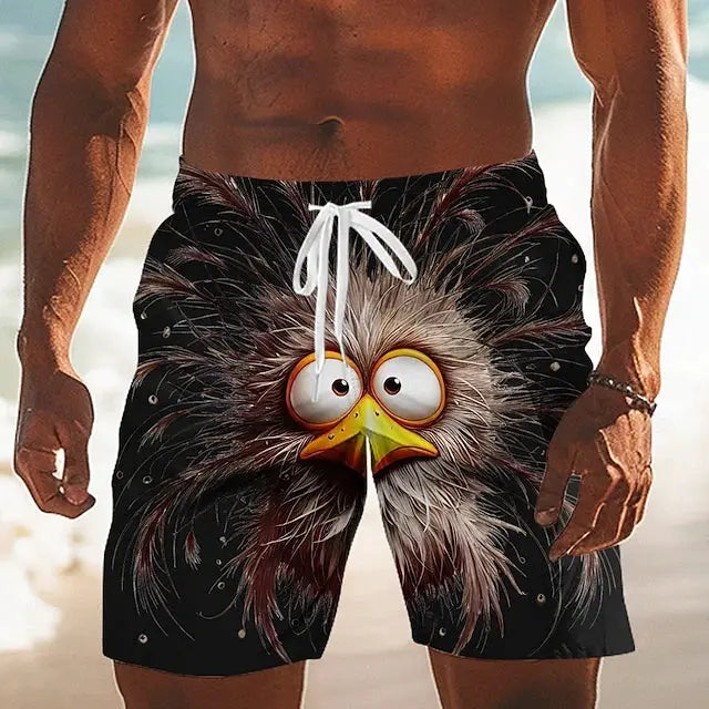 Men's quick-dry beach shorts with black 3D duck print and white drawstring