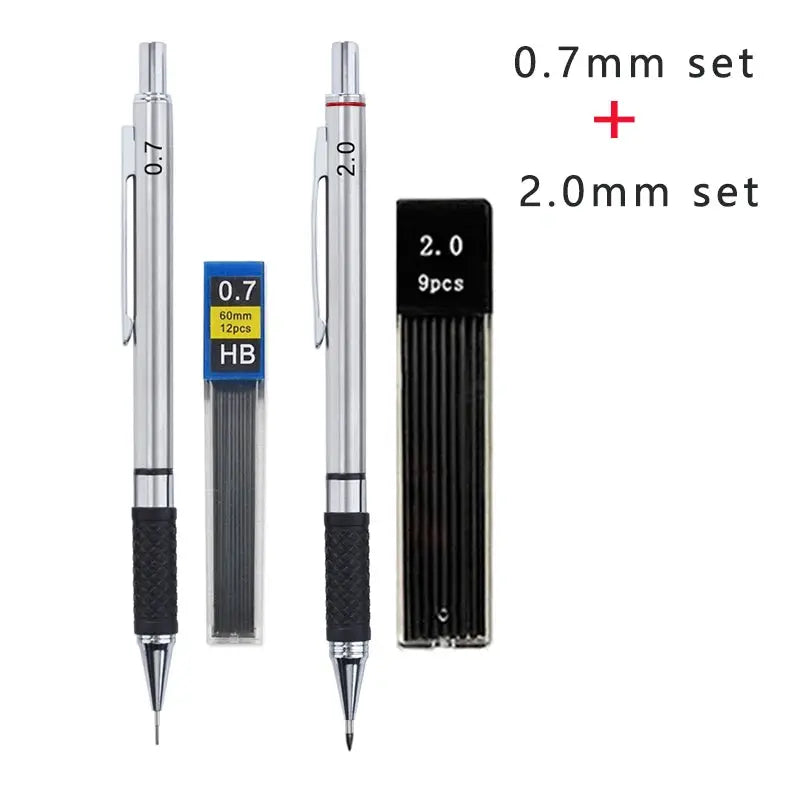 Simples Market metal mechanical pencil set with 0.7mm and 2.0mm pencils and knurled grips; includes lead packs