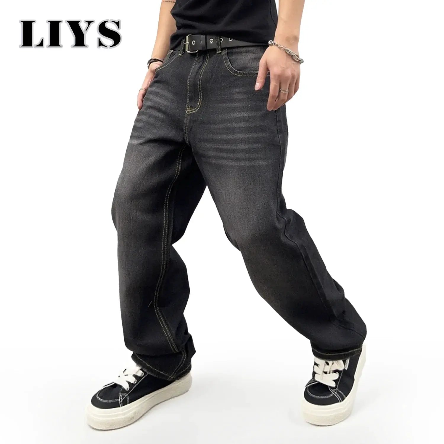 LIYS black denim baggy straight-leg jeans with belt, retro-washed casual pants