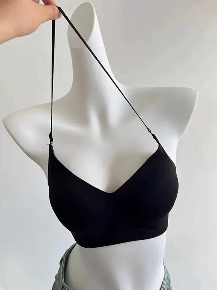 Simples Market black backless halter bralette, seamless wireless push-up for small chest