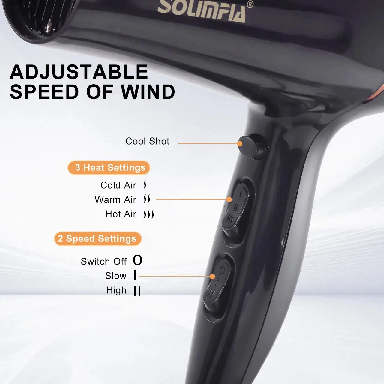 Hair dryer in black by Simples Market with adjustable wind speed and 3 heat/2 speed settings; Solinfa logo visible