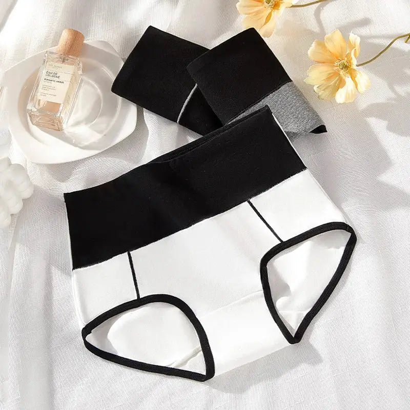 3-piece cotton women's high-waist shapewear briefs set, white with black trim, plus-size M-4XL