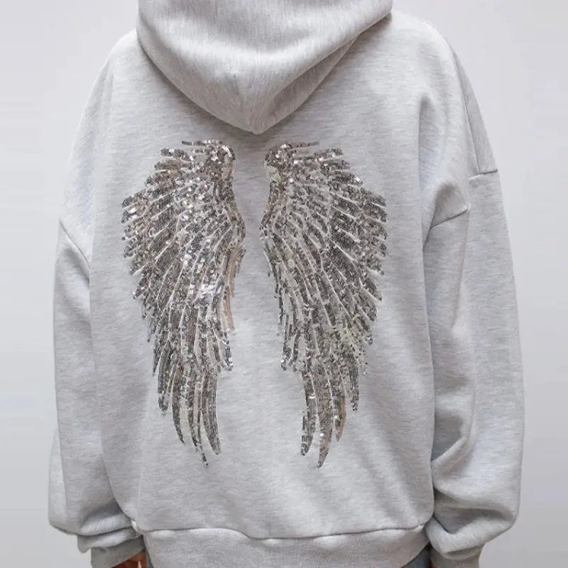 GlamAura Shinny Sequin Angel Wings Hooded Jacket Loose Casual Pullover With Dazzling Embellishments