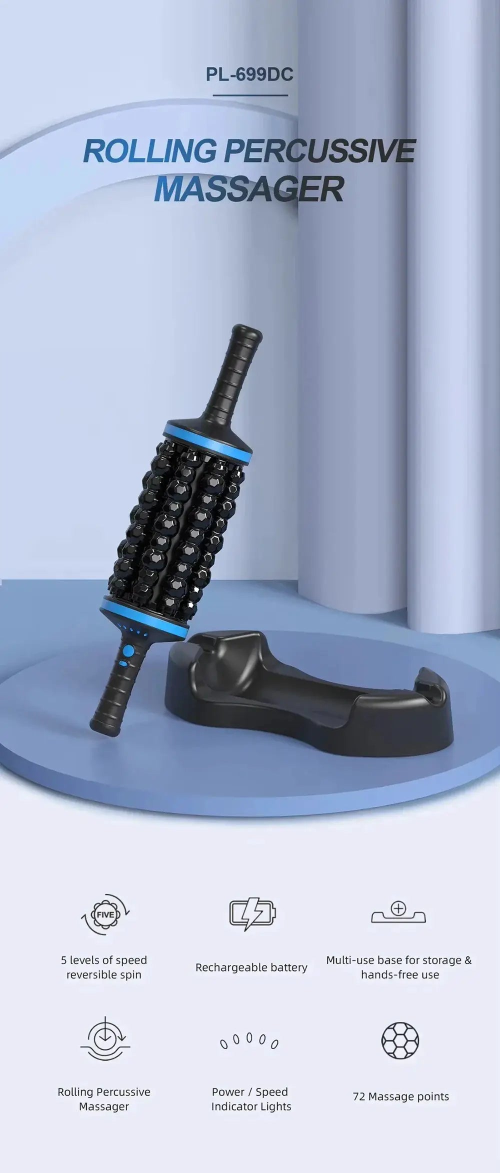 Cordless rolling percussion massager with black bead roller and blue accents, handheld with stand