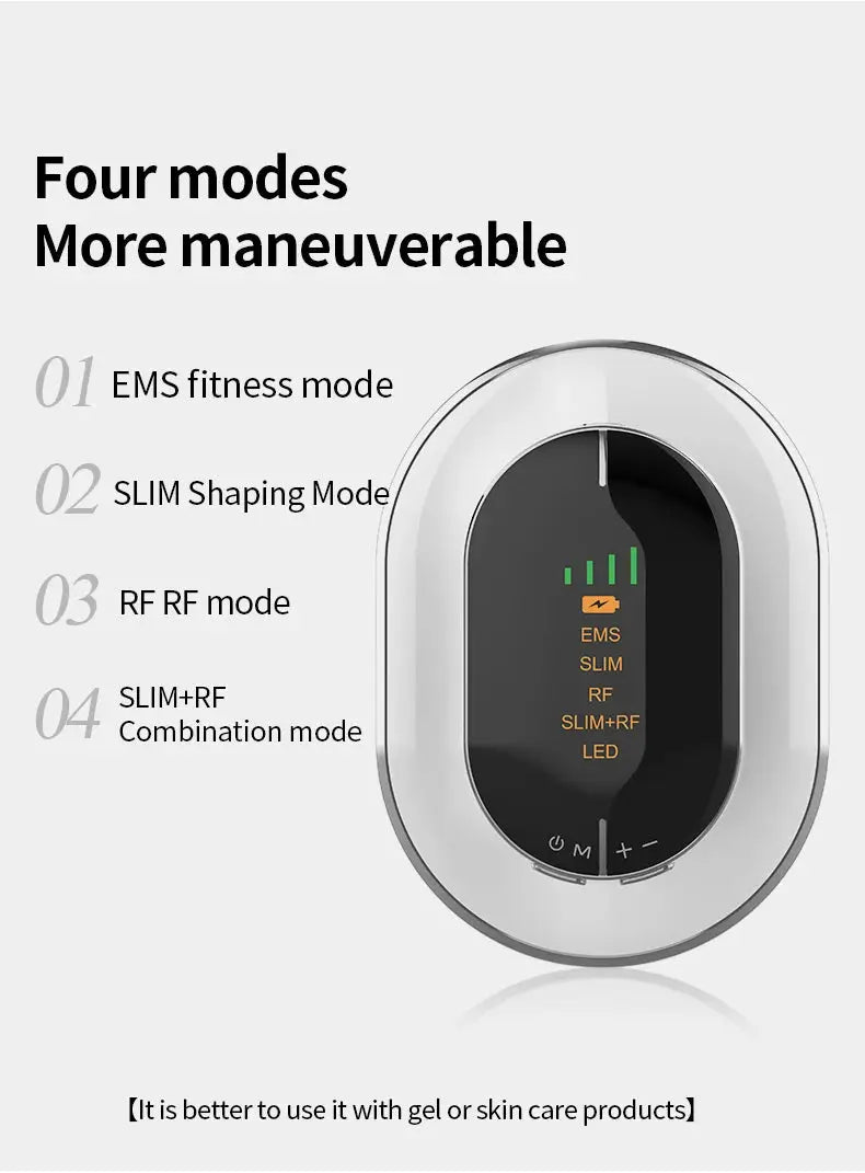 4-in-1 cordless cellulite massager in white with black panel, four modes including EMS, SLIM, RF