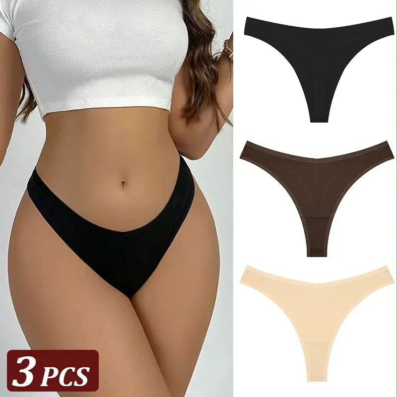 Cotton seamless thong underwear set, 3 pcs by Simples Market in black, brown and beige