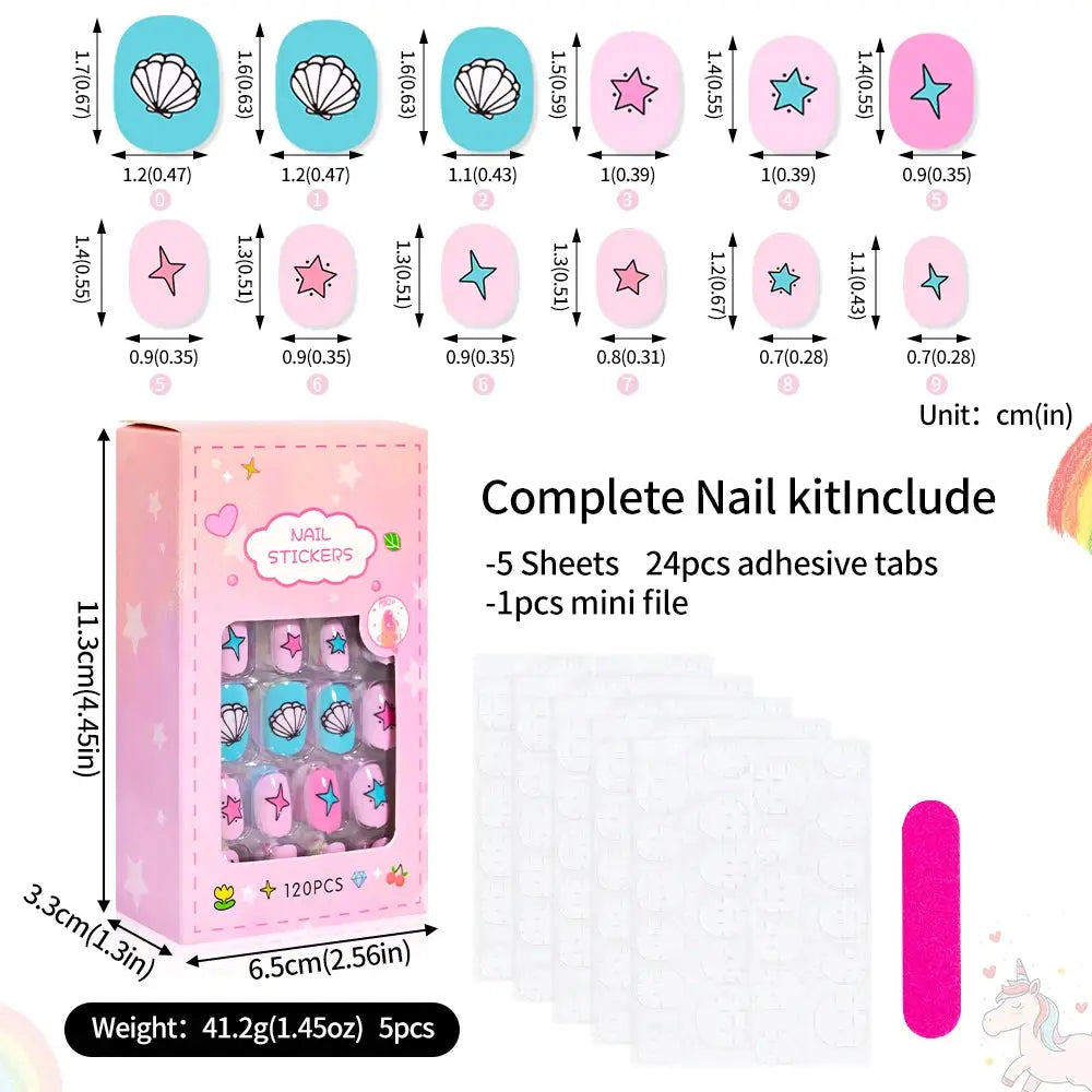 KawaiiKidz Kids Cartoon Press On Nails Acrylic Full Cover Short False Nails Safe Easy To Apply Jelly Glue 120Pcs