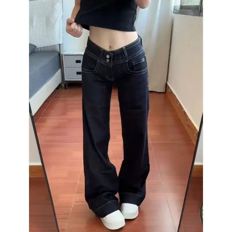 Womens Bootcut Jeans Double Waist Button Loose Fit American Pants