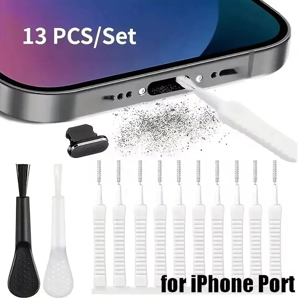 Phone port cleaning kit by Simples Market, 13-piece with white brushes and dust plug