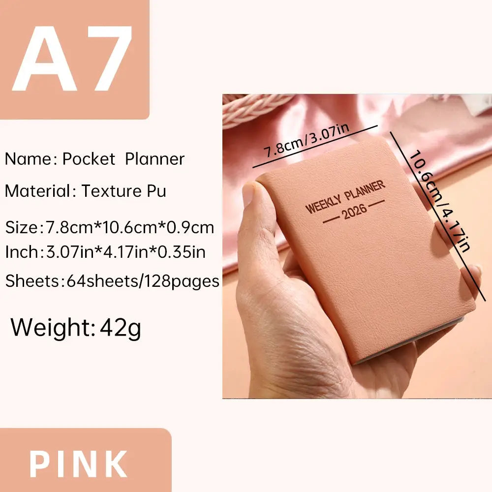 Pocket planner A7 pink Morandi PU cover by Simples Market, 64 sheets (128 pages), weekly calendar