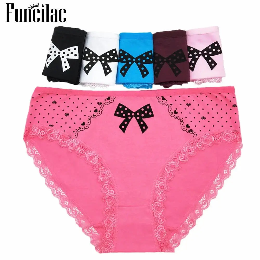 Women's cotton briefs set by Funclac; assorted colors, lace-trim, mid-rise, 6-pcs