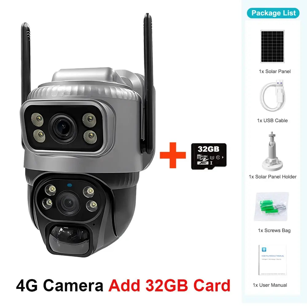 V380 Dual Lens 4G Solar Security Camera With PIR Human Detection Night Vision Waterproof IP CCTV 8MP 4K