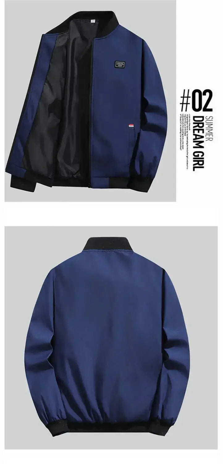 Men's navy blue lightweight windbreaker jacket with black ribbed collar and cuffs, zip front and pocket, Simples Market.