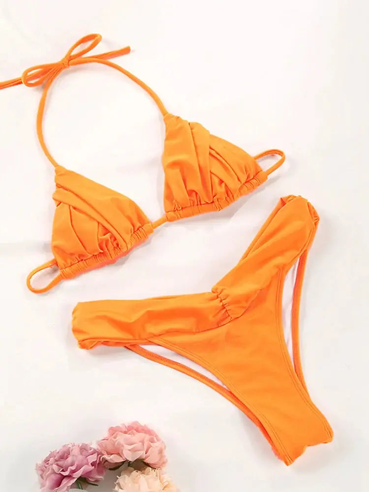 Vibrant orange string bikini set with ruched triangle top and matching string bottoms