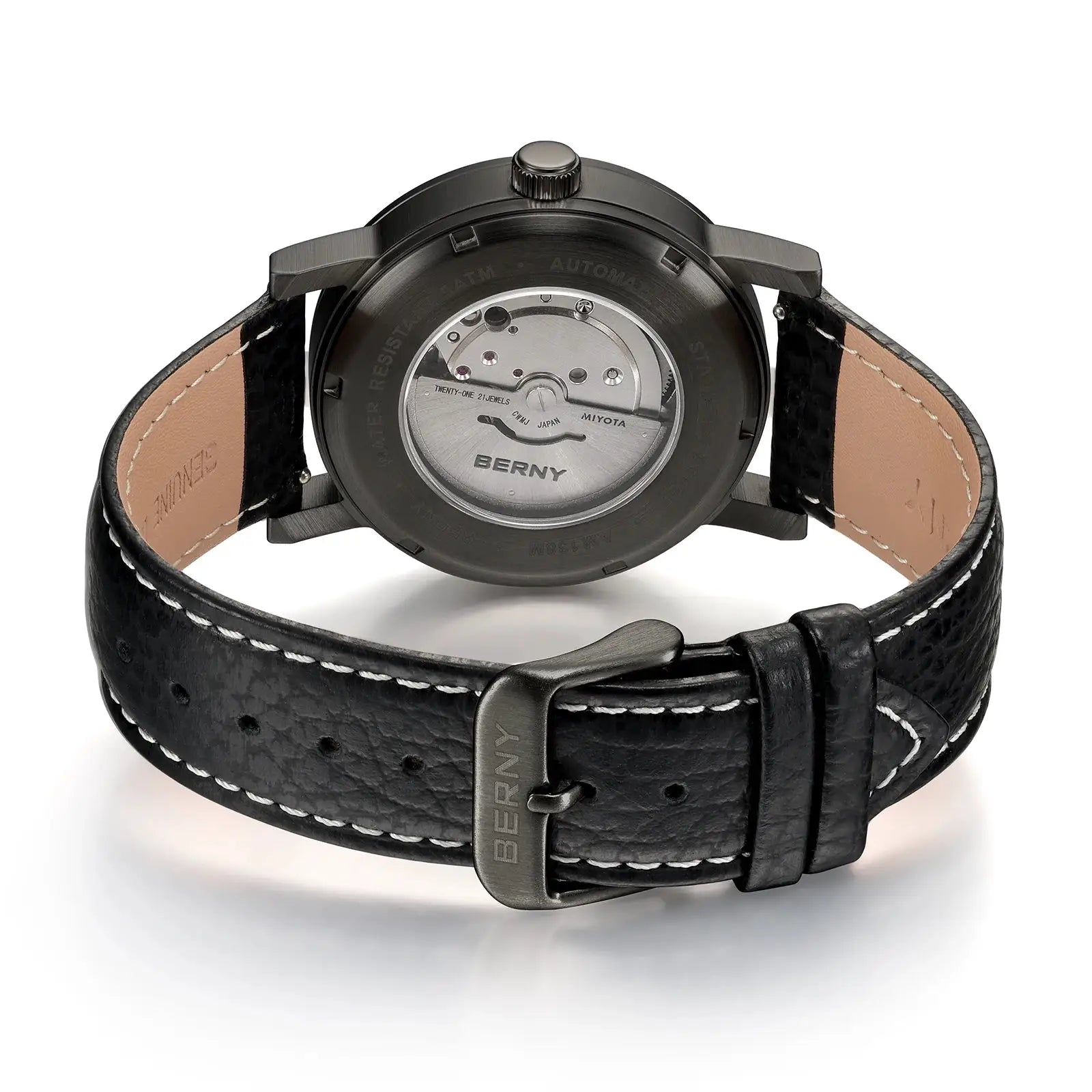 BERNY men's automatic wristwatch with black leather strap, see-through case back showing Miyota 8215 movement
