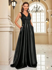 Emerald Green Sequin Evening Dress V Neck Satin Prom Floor Length