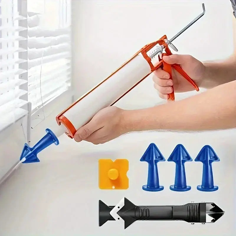 Versatile 15pc silicone caulking set by Simples Market with orange caulking gun, blue nozzles and yellow accessory