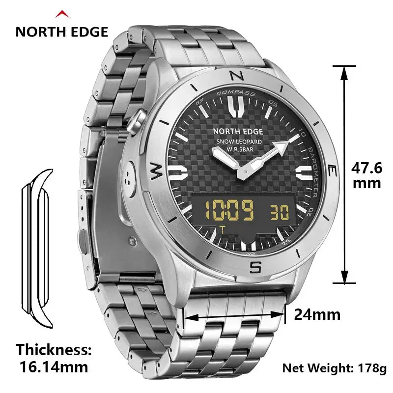North Edge men's stainless steel sport digital watch with compass bezel and luminous digital display