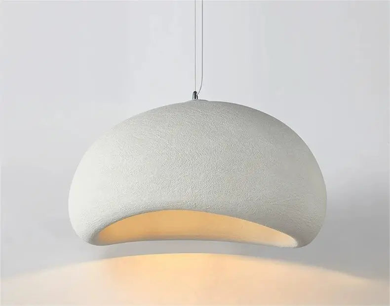Nordic Wabi Sabi pendant light by Simples Market, white textured dome with warm LED glow