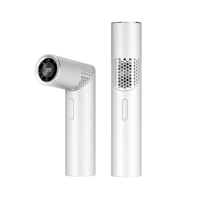 Lipstick-style folding mini handheld fan with brushless motor; two white portable USB fans