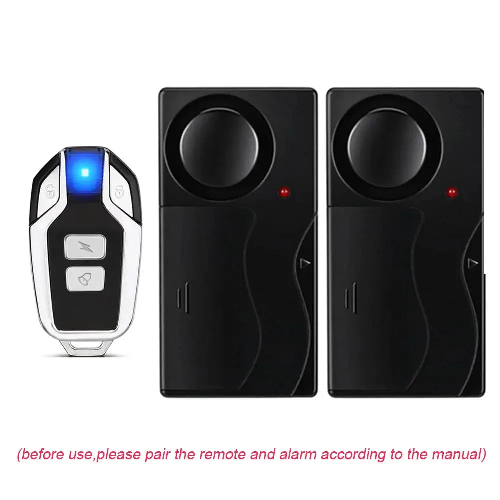 Anchtek 110dB wireless vibration alarm kit: two black alarm units and a remote with blue LED