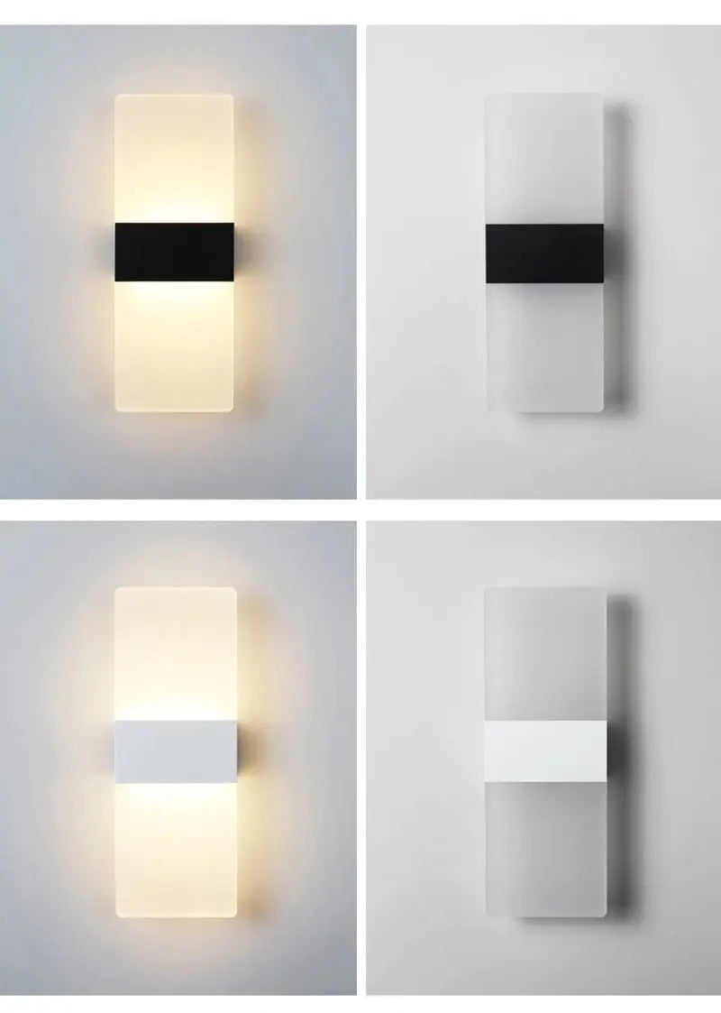 LED acrylic wall light; long vertical fixture with black mid-band, warm white glow, shown in four views.