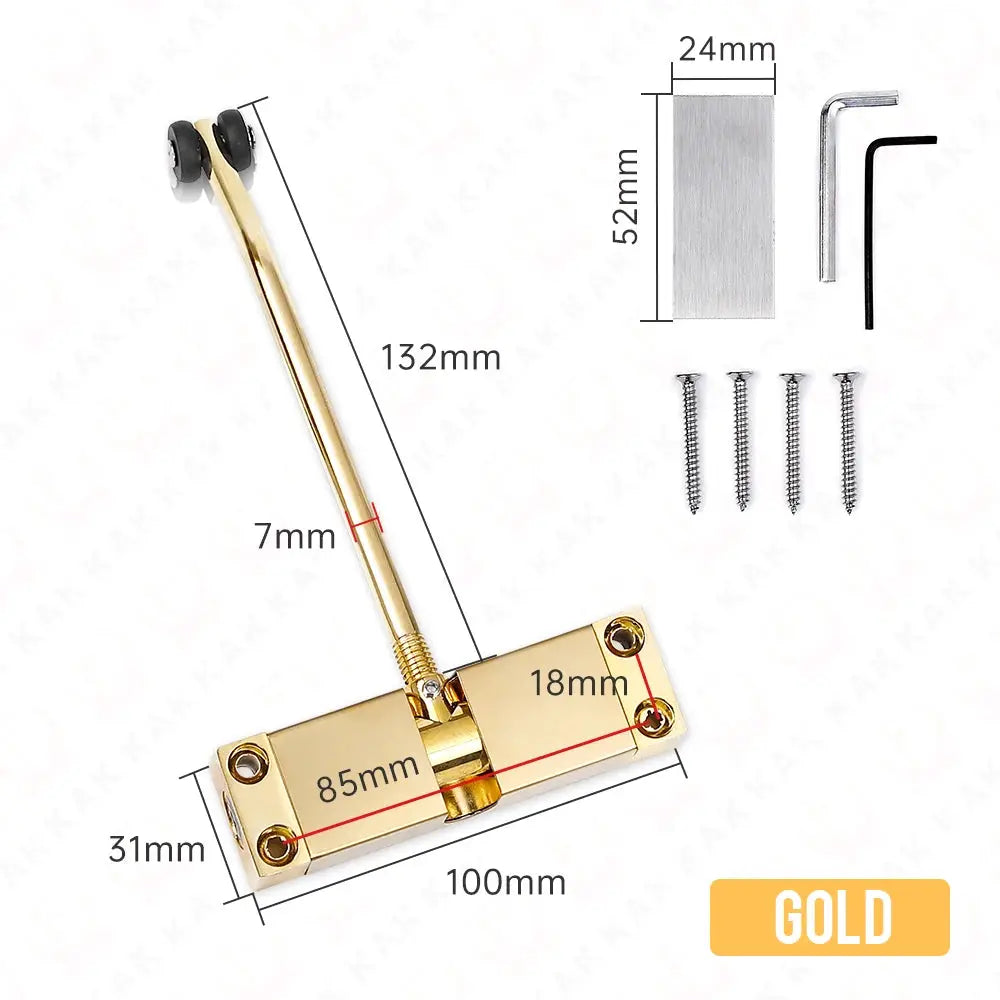 KAK gold-finish automatic door closer with mounting plate, screws and hex key