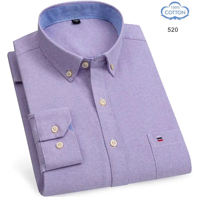 Men's lavender cotton oxford shirt by Simples Market, long sleeve with button-down collar and small flag emblem