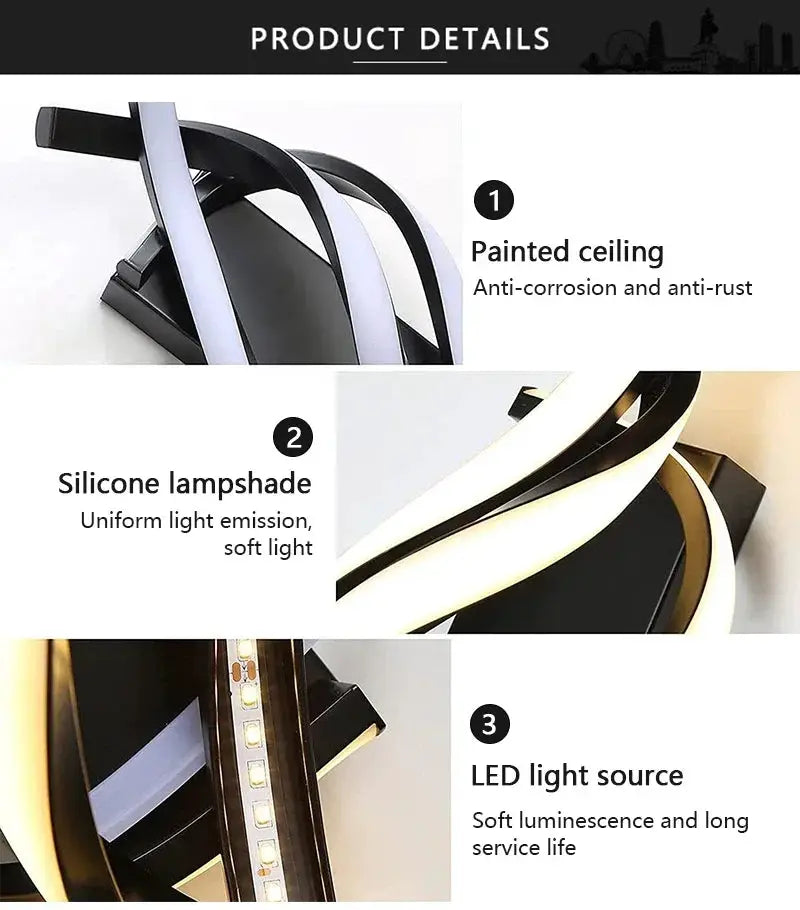 Curved spiral LED wall lamp in black with silicone lampshade for bedroom, bedside or living room.