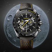 Pagani Design Moon Dark men's skeleton chronograph watch with tachymeter bezel, black leather strap and yellow stitching