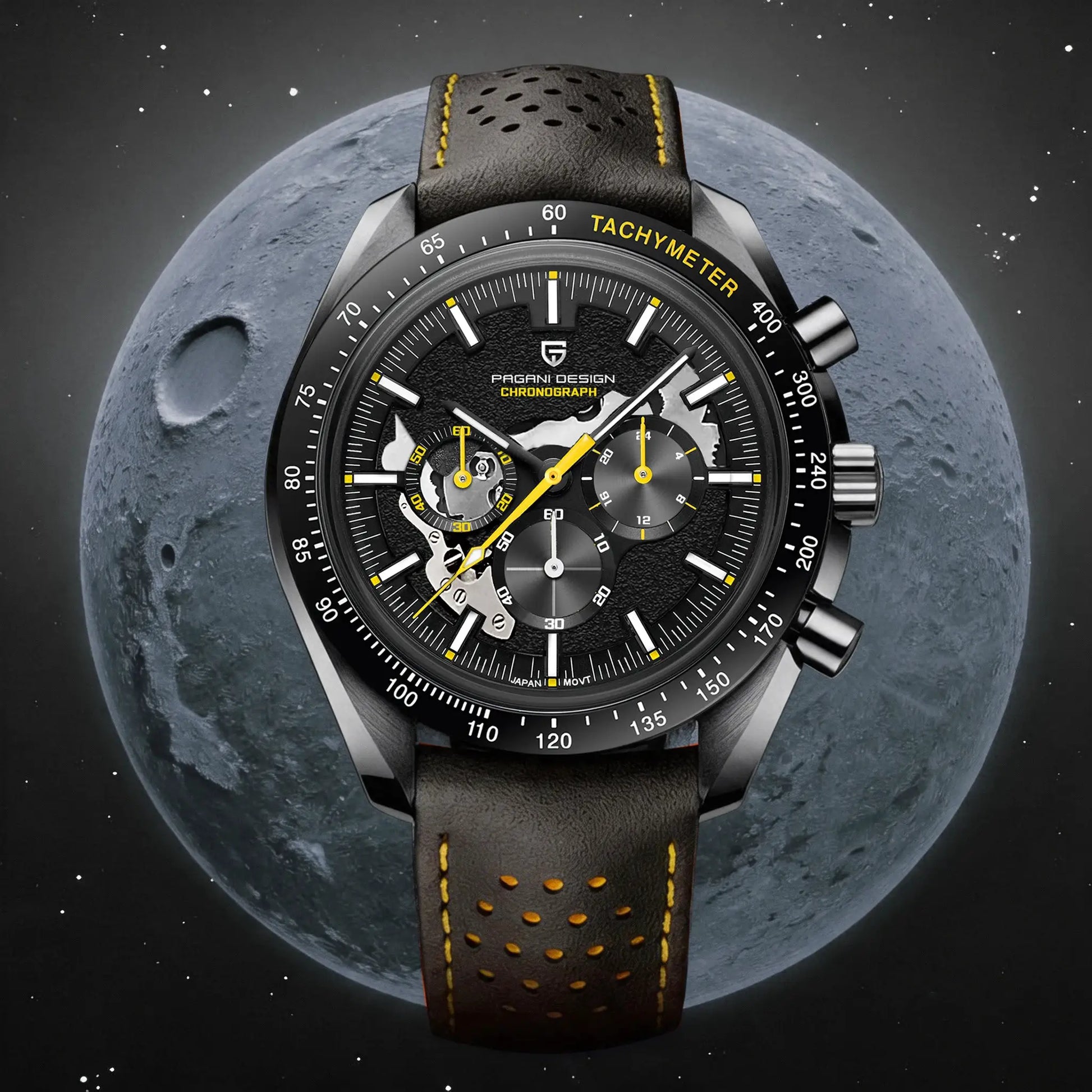 Pagani Design Moon Dark men's skeleton chronograph watch with tachymeter bezel, black leather strap and yellow stitching