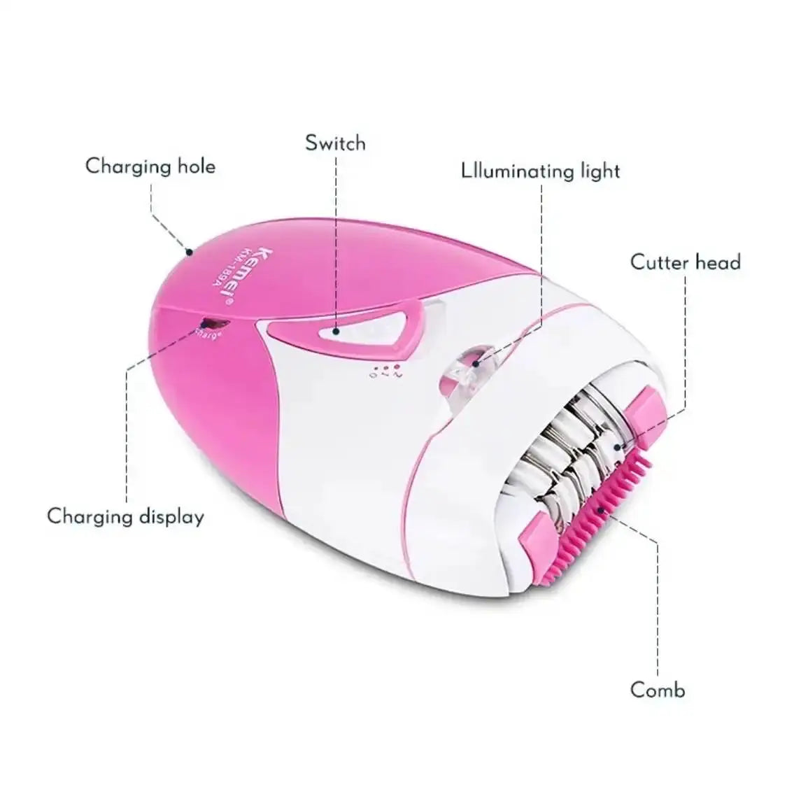Kemei KM-189A women's body epilator, pink and white, USB rechargeable with illuminating light and comb head attachment.