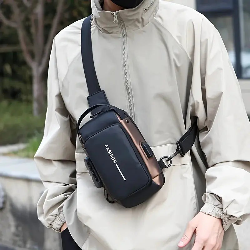 Stylish men's sling bag; black Oxford fabric crossbody with bronze side panel, phone pocket and zip closure.