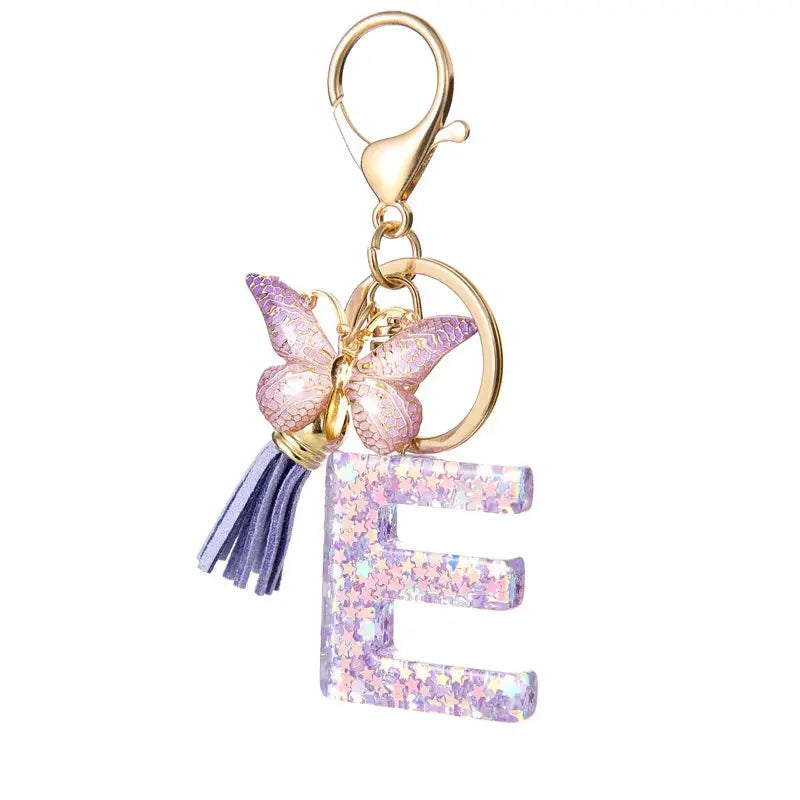 Sequin Letters Keychain For Women With Tassel Butterfly Pendant Initial Key Ring Purse Charm Car Key Chain Accessories