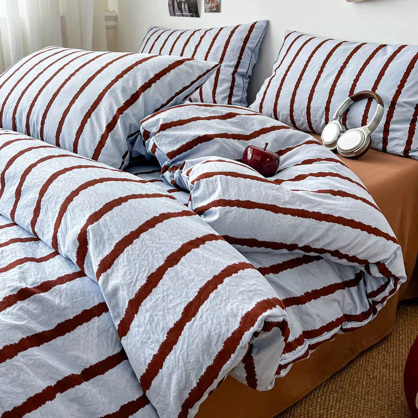 Simples Market 3pc duvet cover set with 2 pillowcases in light blue with rust stripes; soft washed cotton