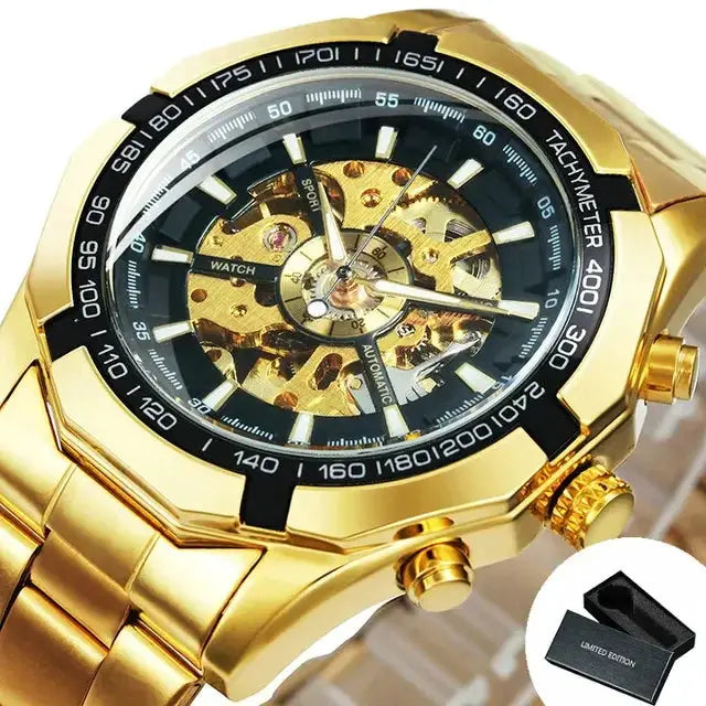 Winner Classic Skeleton Watch for Men, gold-tone stainless steel with luminous hands and visible movement; includes box