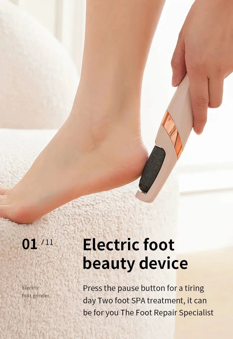 Electric foot beauty device with beige body and black abrasive roller