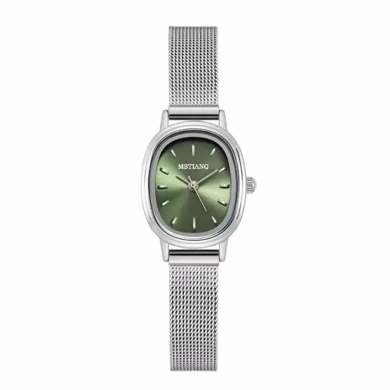 LuxeWear Small Oval Green Dial Stainless Steel Quartz Watch For Women Elegant Everyday Timepiece