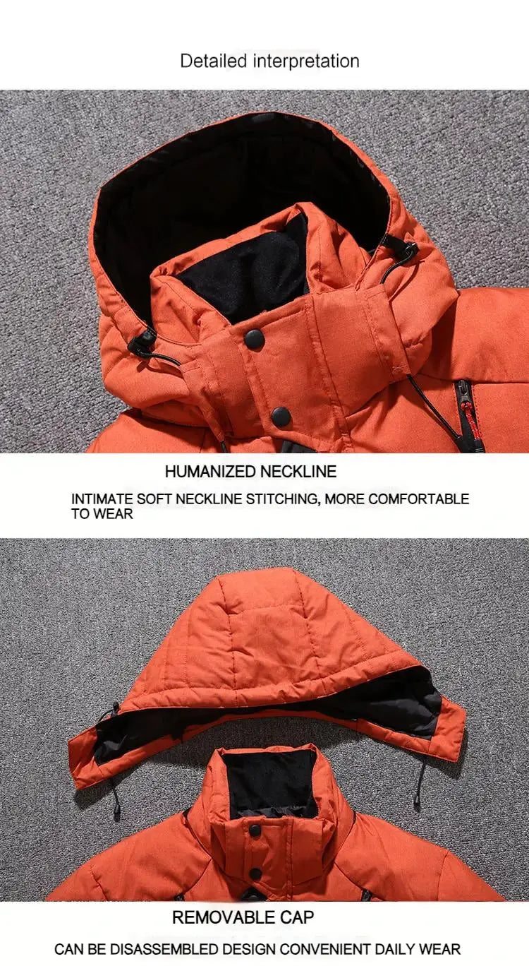 Men's orange duck-down hooded puffer jacket for travel and hiking; warm and windproof