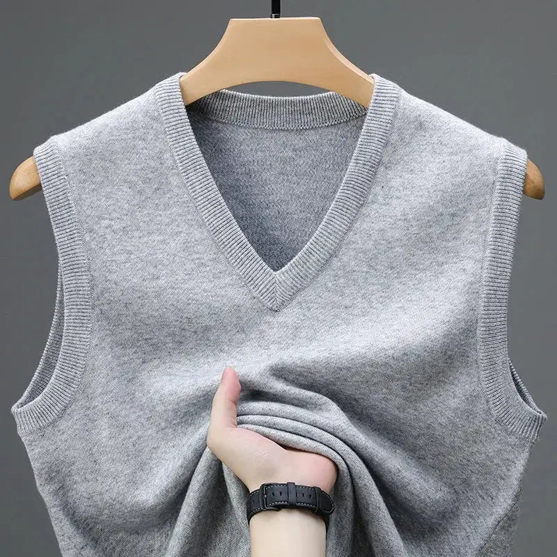 Men's gray wool-cashmere sleeveless vest, V-neck knitted waistcoat with ribbed trim