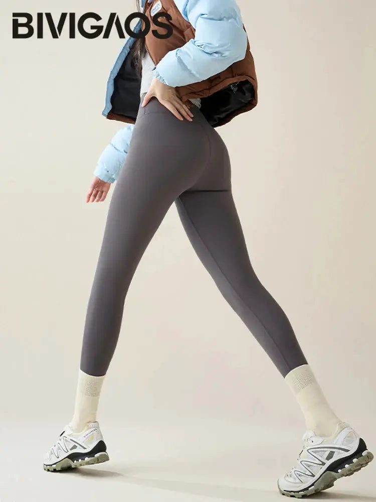 Leggings by BIVIGAOS, gray sharkskin fleece-lined for women
