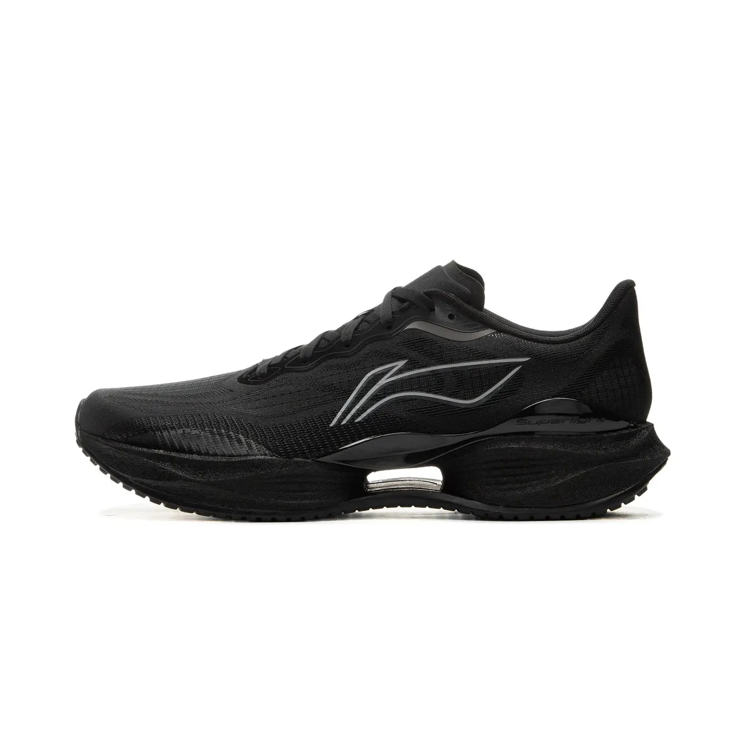 Li-Ning men's running shoe in black with mesh upper, silver logo, and cushioned midsole.
