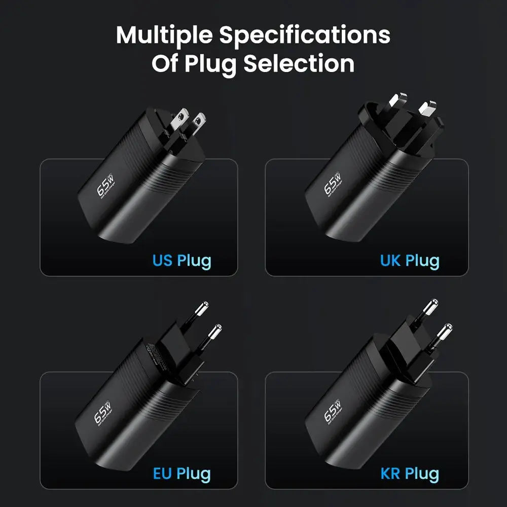 ASOMETECH GaN USB-C charger, 65W, black, with four plug options (US/UK/EU/KR)